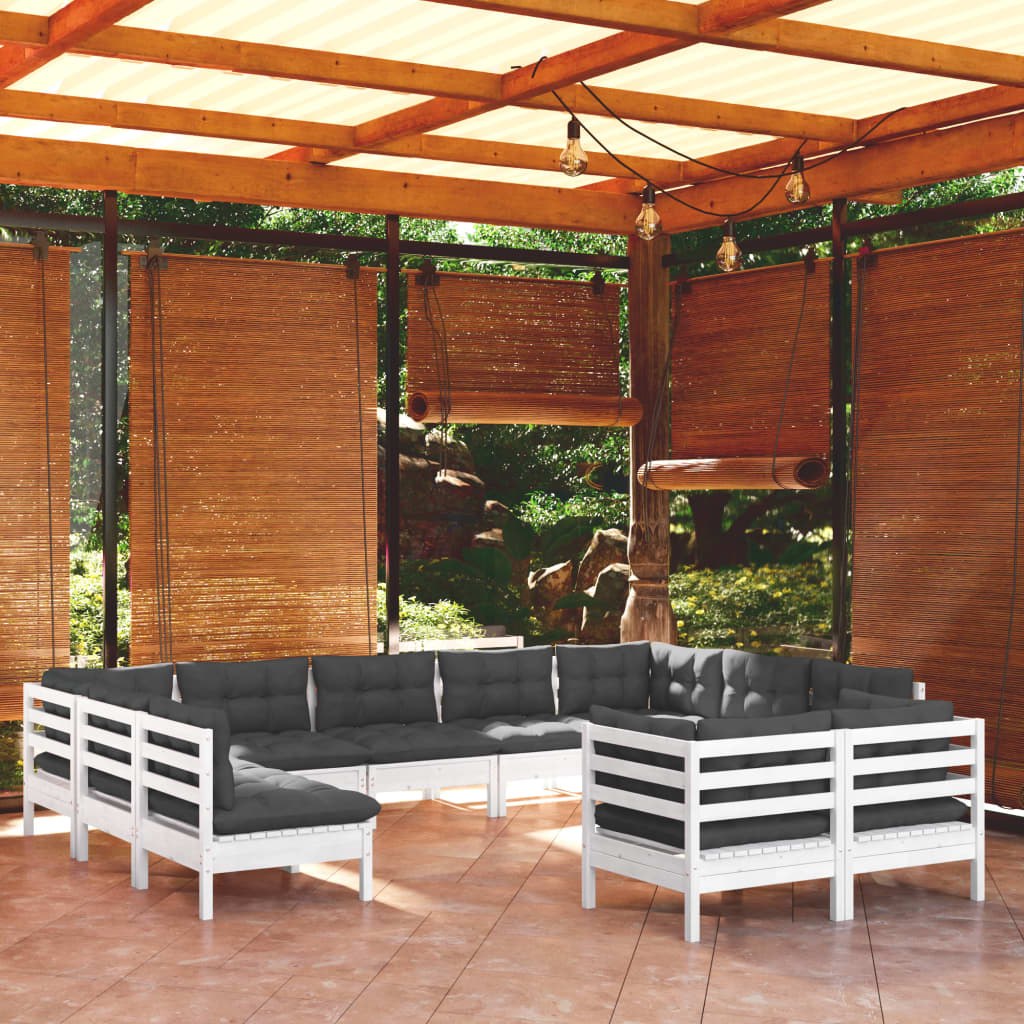 11-tlg. Garten-Lounge-Set mit Kissen Weiss Kiefer Massivholz